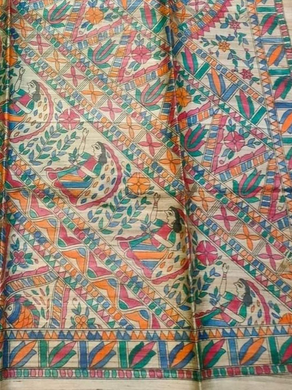 Indiehaat | Ghicha Tussar Madhubani Silk Saree Beige
