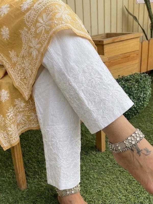 Indiehaat | Pure Cotton Chikankari Stretchable Pants White