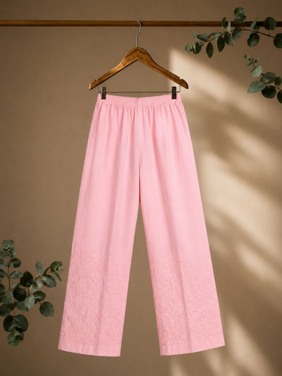 Indiehaat | Pure Cotton Chikankari Stretchable Pants Pink