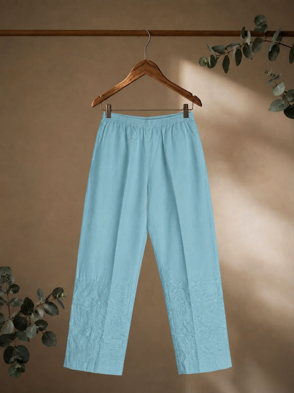 Indiehaat | Pure Cotton Chikankari Stretchable Pants Blue