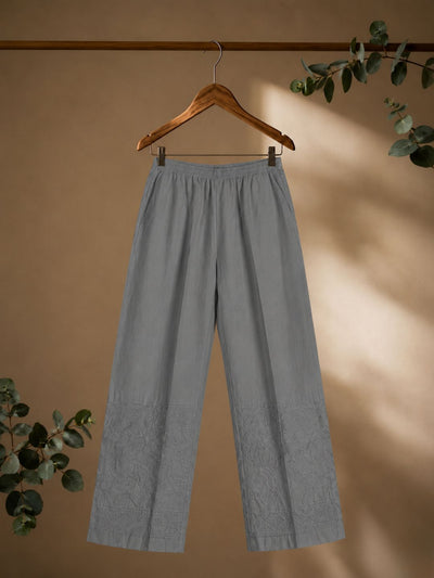 Indiehaat | Pure Cotton Chikankari Stretchable Pants Gray