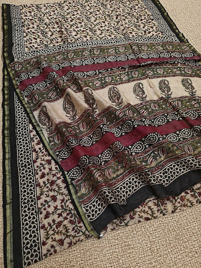 Kalamkari Suvidha Chanderi Silk Saree Walm Beige