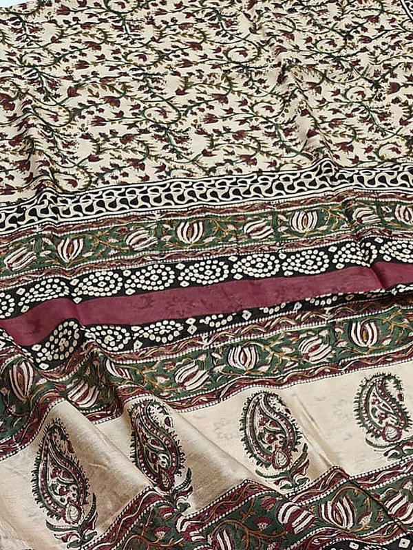 Indiehaat | Beige Chanderi Silk Kalamkari Saree