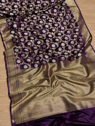 Indiehaat | Violet Mashru Katan Silk Saree | Brocade