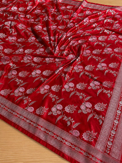 Indiehaat | Red Mina Mashru Katan Silk Saree | Meenakari