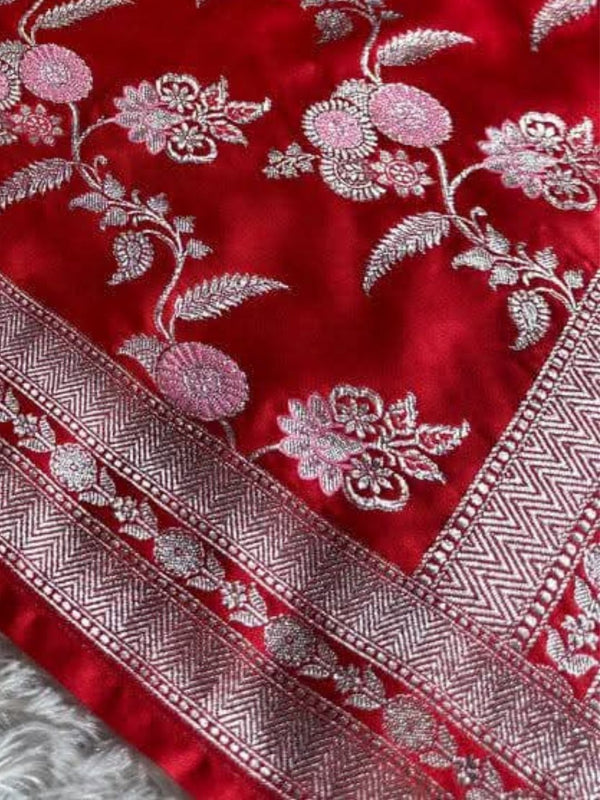 Indiehaat | Red Mina Mashru Katan Silk Saree | Meenakari