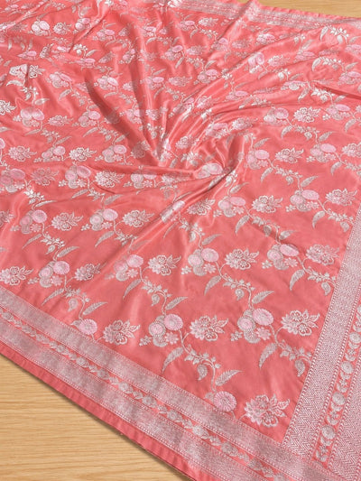 Indiehaat | Peach Mina Mashru Katan Silk Saree | Meenakari