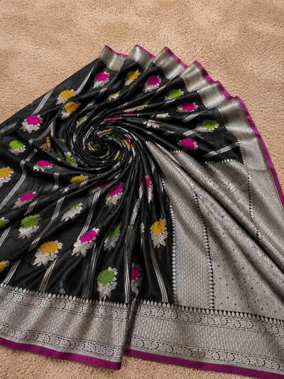 Indiehaat | Green Mina Mashru Katan Silk Saree | Meenakari