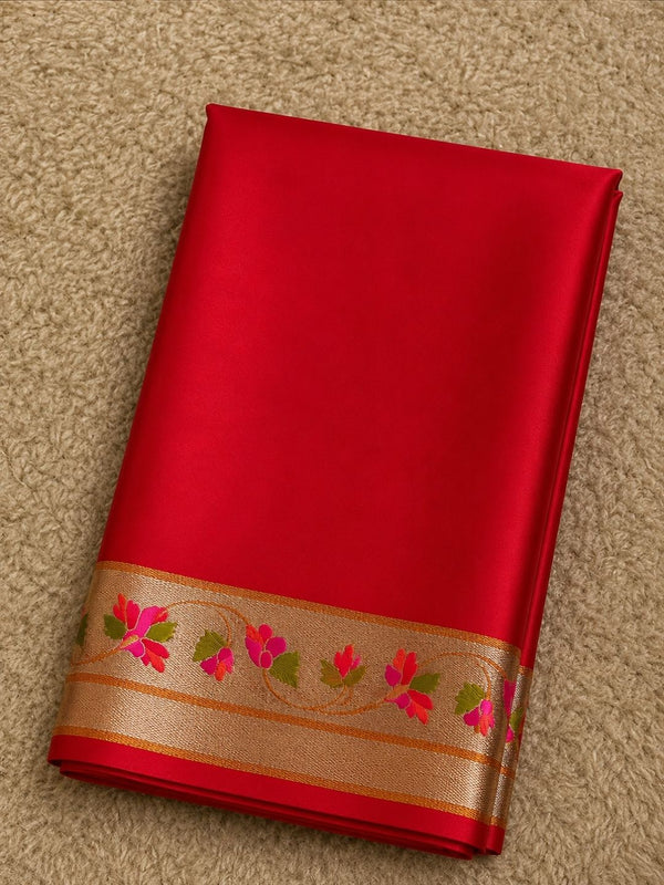Indiehaat | Red Mina Mashru Katan Silk Saree | Meenakari