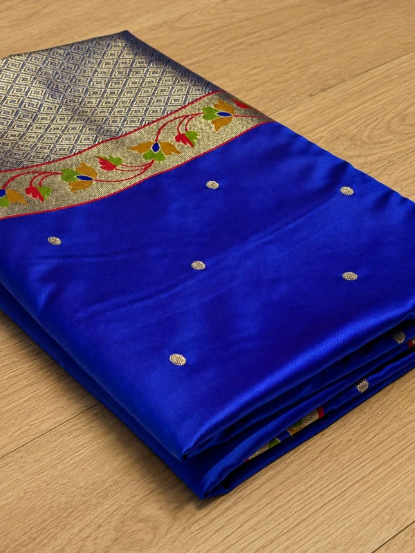 Indiehaat | Blue Mina Mashru Katan Silk Saree | Meenakari