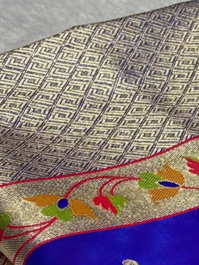 Indiehaat | Blue Mina Mashru Katan Silk Saree | Meenakari