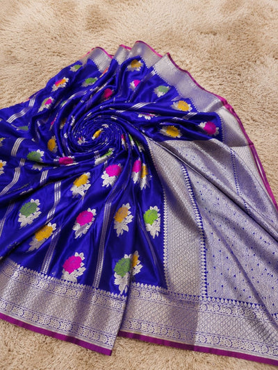 Indiehaat | Blue Mina Mashru Katan Silk Saree | Meenakari