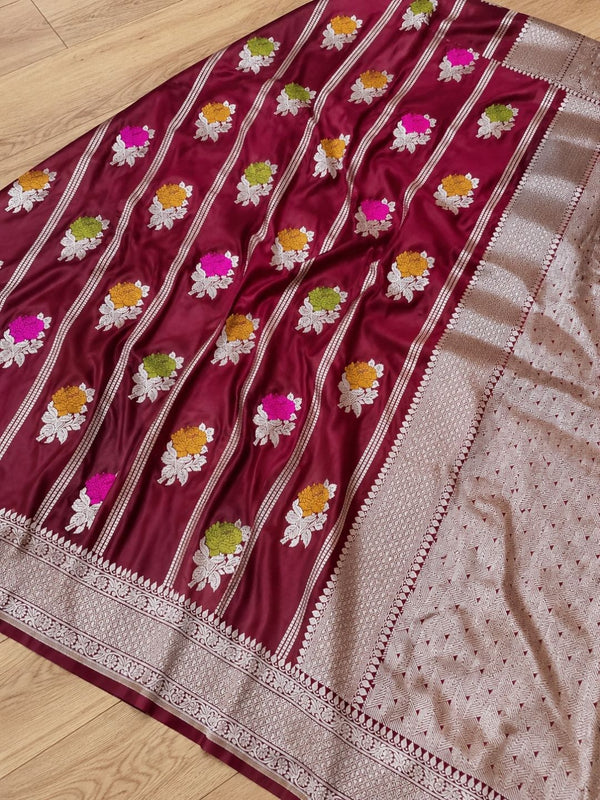 Indiehaat | Red Mina Mashru Katan Silk Saree | Meenakari