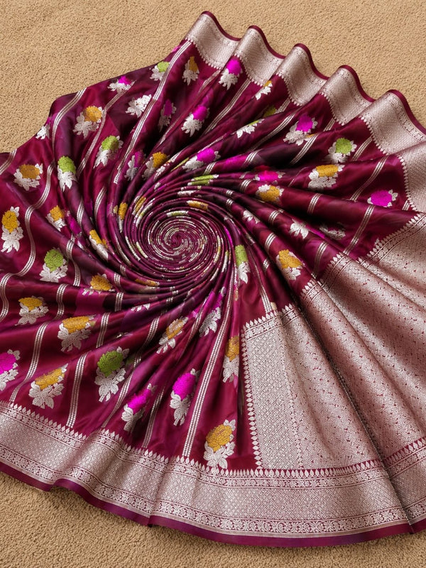 Indiehaat | Red Mina Mashru Katan Silk Saree | Meenakari