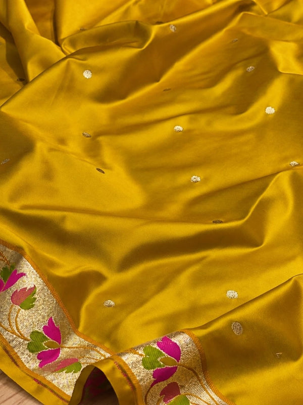 Indiehaat | Yellow Mina Mashru Katan Silk Saree | Meenakari