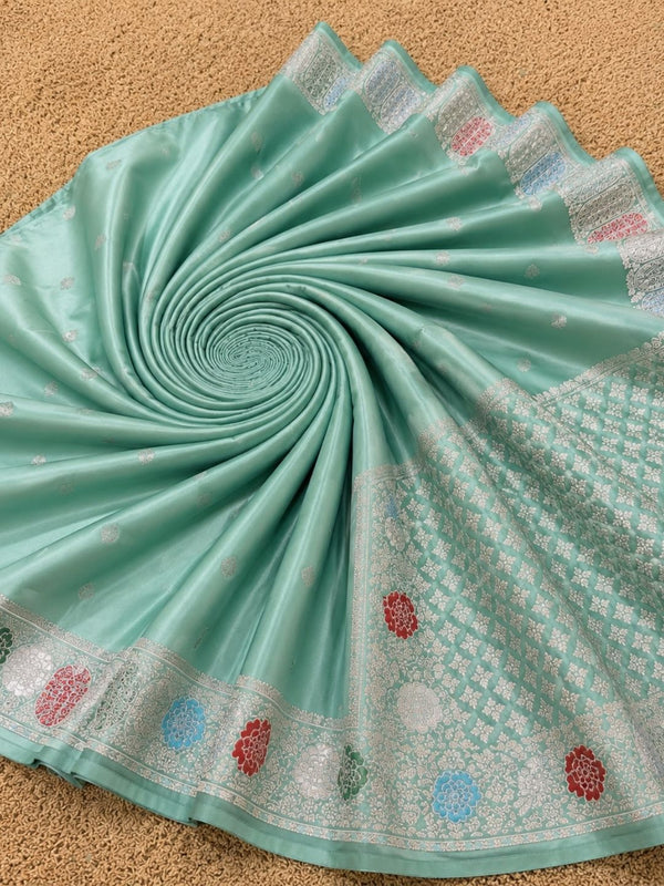 Indiehaat | Green Mina Mashru Katan Silk Saree | Meenakari