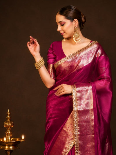 Indiehaat | Pink Banarasi Tissue Silk Saree | Brocade