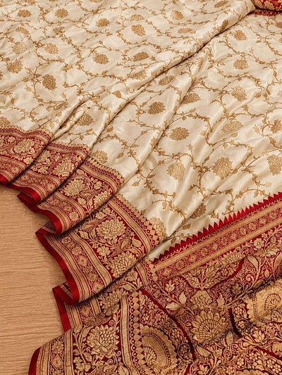 Indiehaat | White Mashru Katan Silk Saree | Brocade