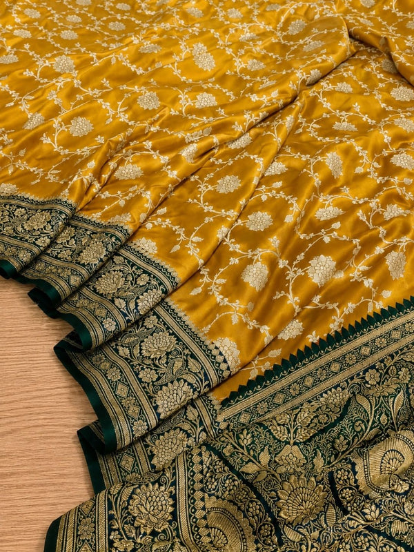 Indiehaat | Yellow Mashru Katan Silk Saree | Brocade