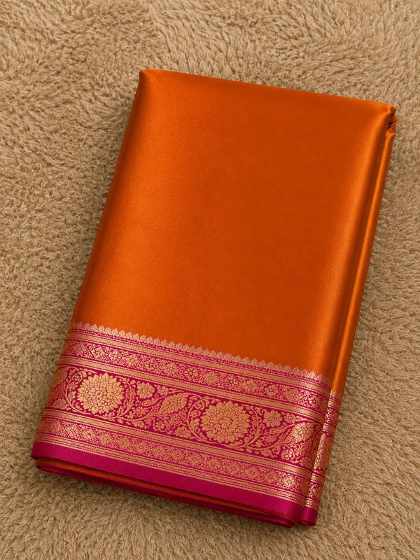 Indiehaat | Orange Mashru Katan Silk Saree | Brocade