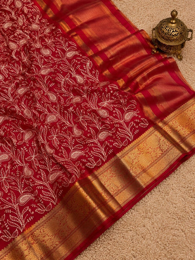 Indiehaat | Red Organza Silk Saree | Embroidery