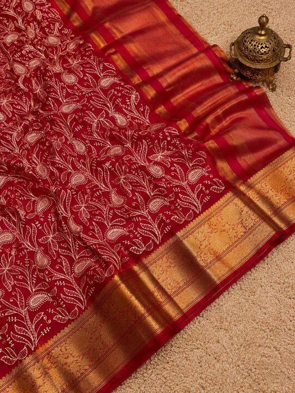Indiehaat | Red Organza Silk Saree | Embroidery
