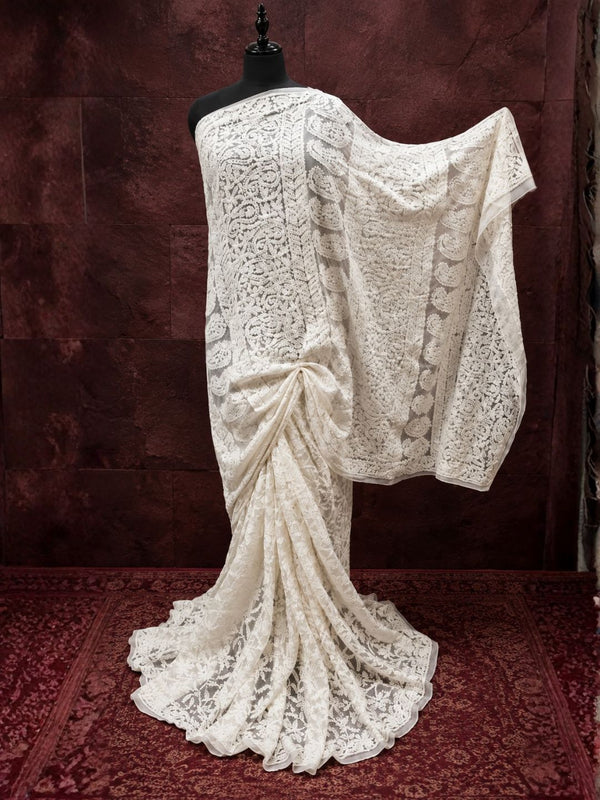 Indiehaat | White Georgette Chikankari Saree | Lucknowi