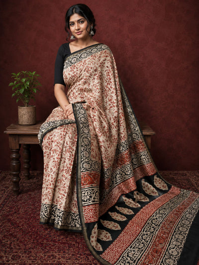 Kalamkari Vaibhav Chanderi Silk Saree Kora Beige