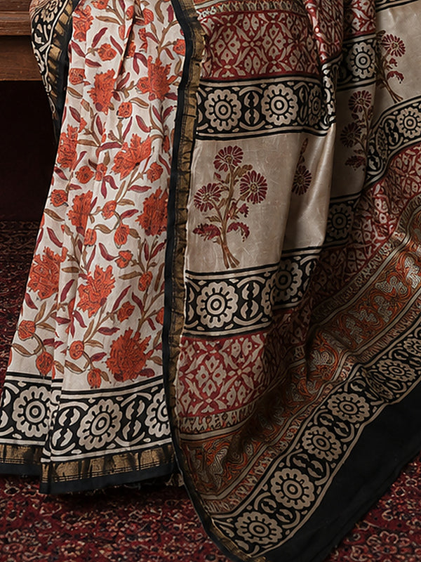 Indiehaat | Beige Chanderi Silk Kalamkari Saree