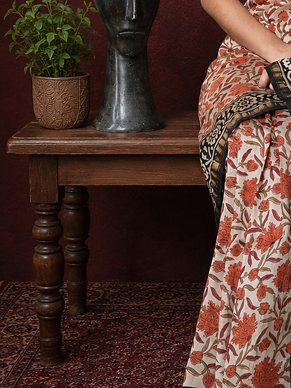 Indiehaat | Beige Chanderi Silk Kalamkari Saree