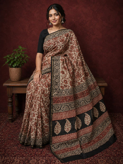 Kalamkari Vaibhav Chanderi Silk Saree Fawn Beige
