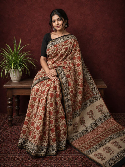 Kalamkari Vaibhav Chanderi Silk Saree Taupe Beige