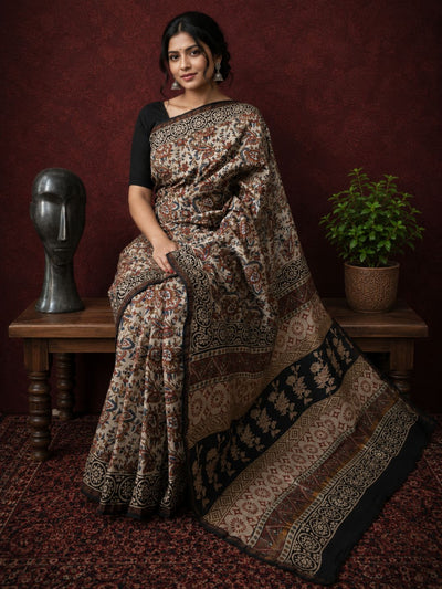 Kalamkari Vaibhav Chanderi Silk Saree Camel Beige
