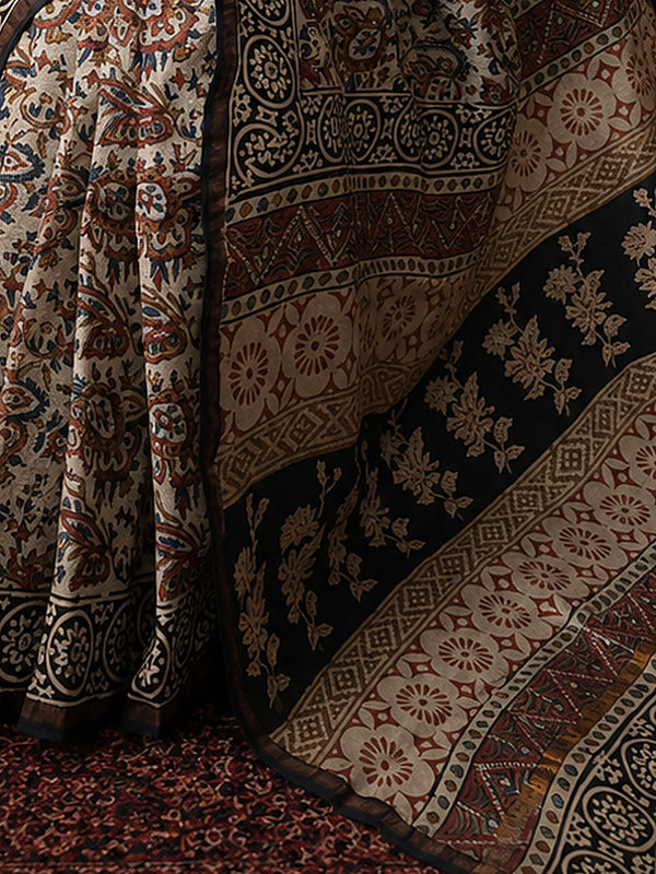 Indiehaat | Beige Chanderi Silk Kalamkari Saree