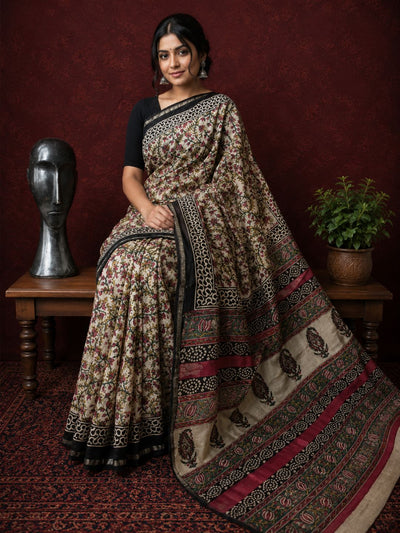 Kalamkari Vaibhav Chanderi Silk Saree Bone Beige