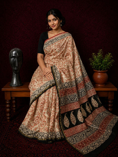 Kalamkari Vaibhav Chanderi Silk Saree Buff Beige