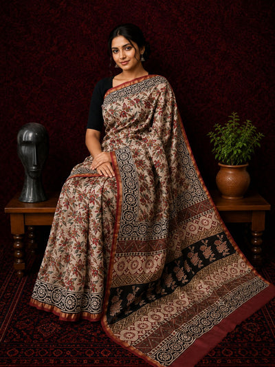 Kalamkari Vaibhav Chanderi Silk Saree Sand Beige