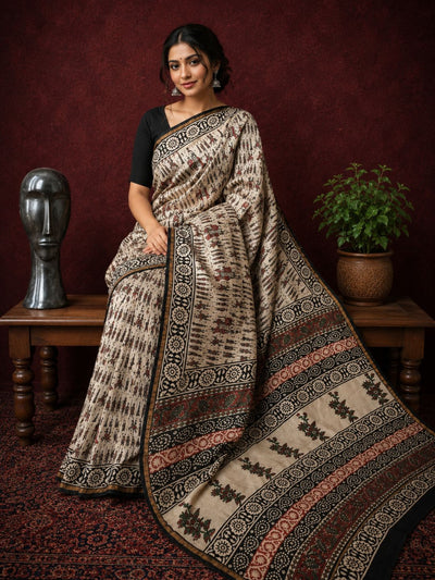 Kalamkari Vaibhav Chanderi Silk Saree Bare Beige