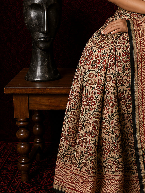 Indiehaat | Beige Chanderi Silk Kalamkari Saree