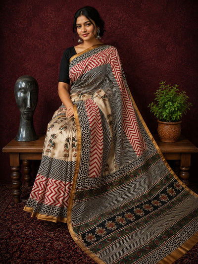 Kalamkari Vaibhav Chanderi Silk Saree Calm Beige