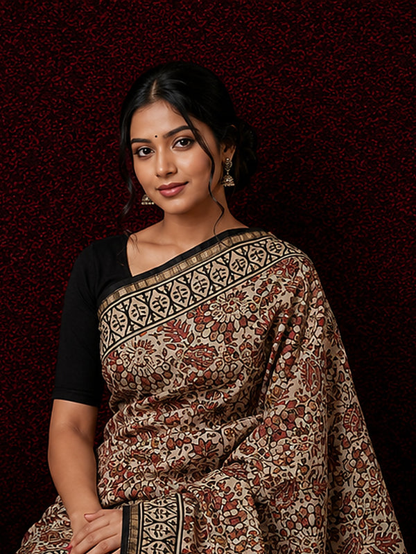 Indiehaat | Beige Chanderi Silk Kalamkari Saree
