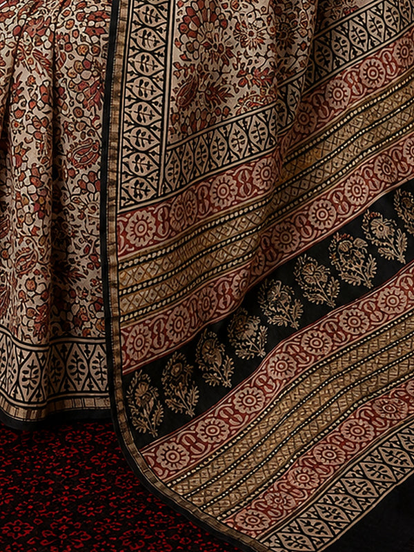 Indiehaat | Beige Chanderi Silk Kalamkari Saree