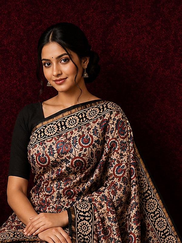 Indiehaat | Beige Chanderi Silk Kalamkari Saree