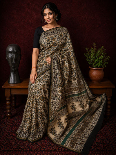 Kalamkari Vaibhav Chanderi Silk Saree Warm Beige