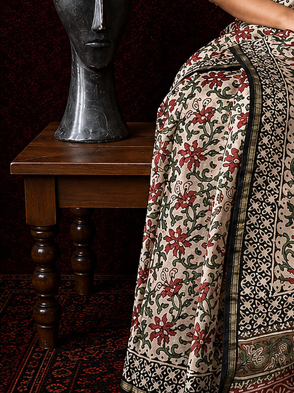 Indiehaat | Beige Chanderi Silk Kalamkari Saree