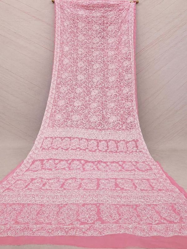 Indiehaat | Pink Georgette Chikankari Saree | Party Wear