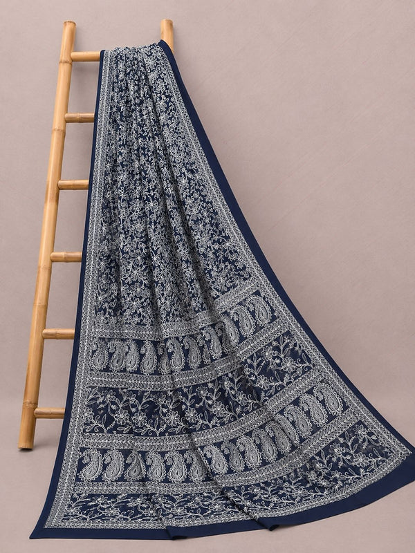 Indiehaat | Blue Georgette Chikankari Saree | Party Wear