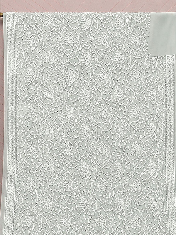 Indiehaat | Gray Georgette Chikankari Saree | Party Wear