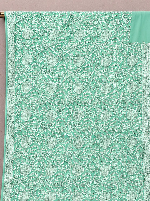 Indiehaat | Green Georgette Chikankari Saree | Party Wear