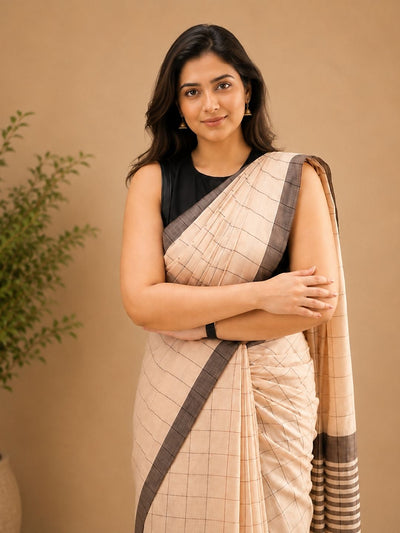 Indiehaat | Beige Khadi Cotton Handloom Saree